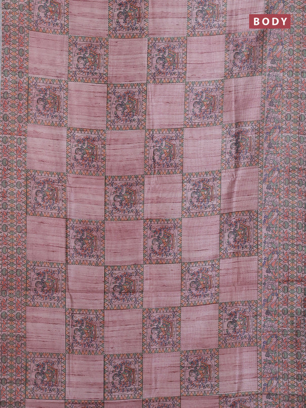 Semi tussar saree pastel pink with allover mathubani prints & kantha stitch work