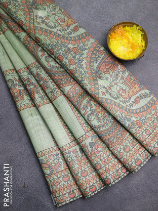 Semi tussar saree pista green with allover mathubani prints & kantha stitch work