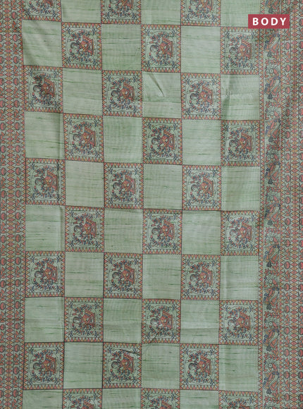 Semi tussar saree pista green with allover mathubani prints & kantha stitch work