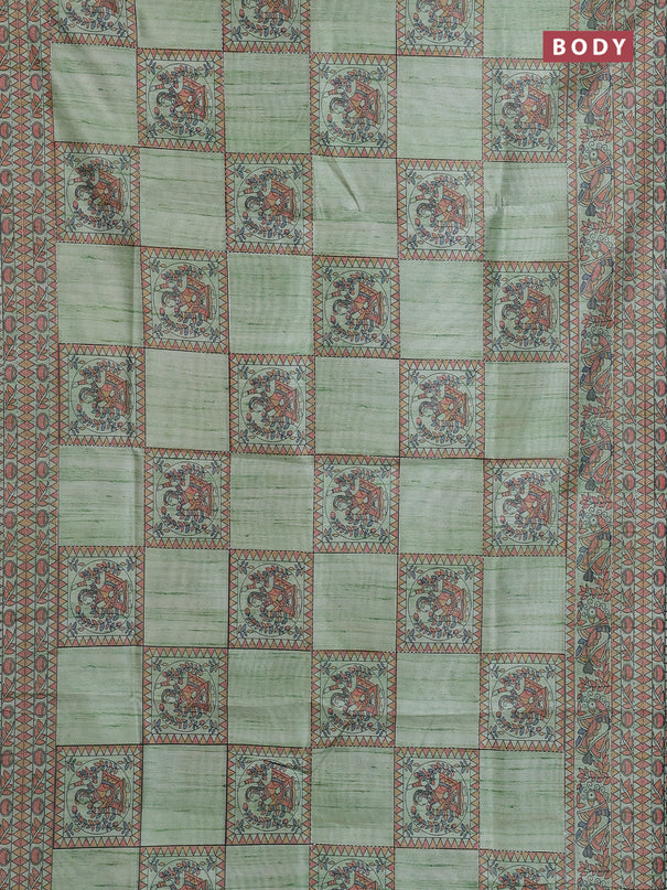 Semi tussar saree pista green with allover mathubani prints & kantha stitch work