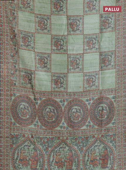 Semi tussar saree pista green with allover mathubani prints & kantha stitch work