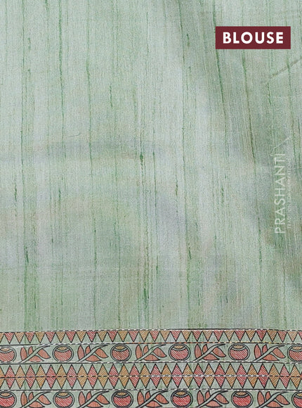 Semi tussar saree pista green with allover mathubani prints & kantha stitch work