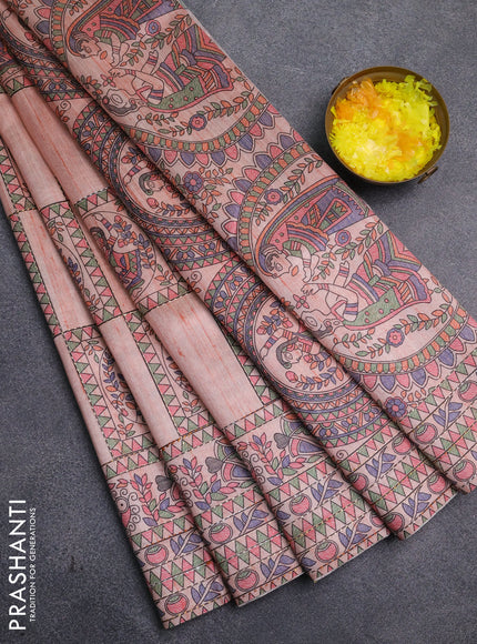 Semi tussar saree peach shade with allover mathubani prints & kantha stitch work