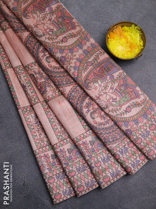 Semi tussar saree peach shade with allover mathubani prints & kantha stitch work