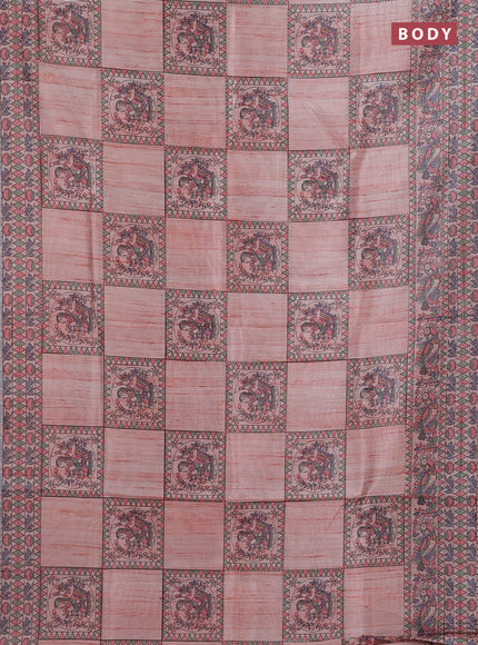 Semi tussar saree peach shade with allover mathubani prints & kantha stitch work