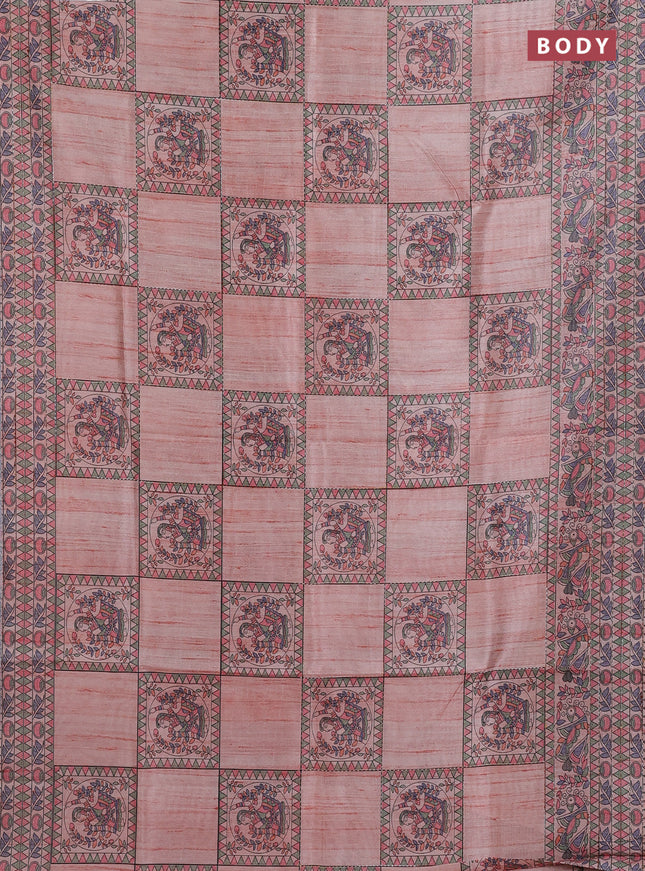 Semi tussar saree peach shade with allover mathubani prints & kantha stitch work