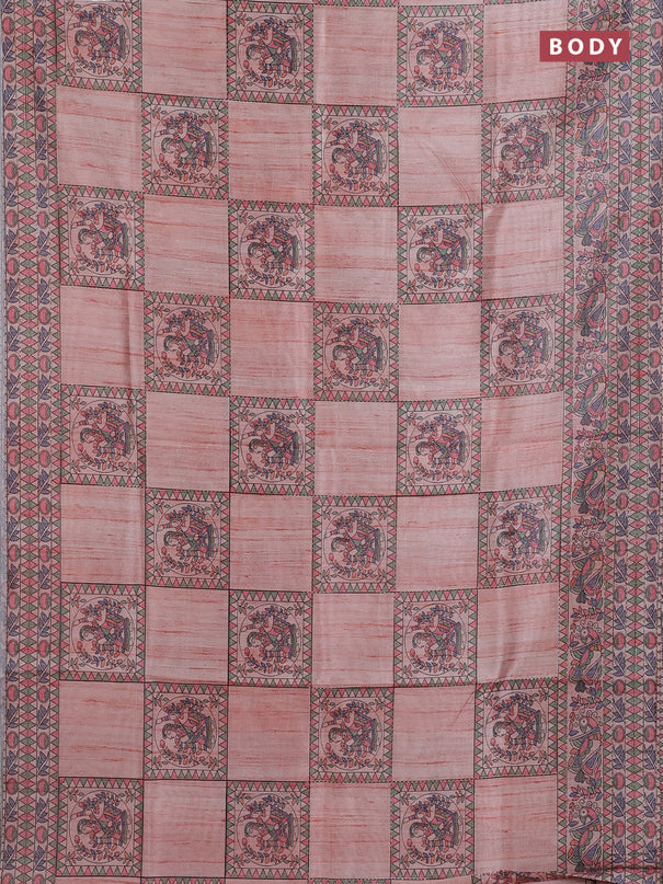 Semi tussar saree peach shade with allover mathubani prints & kantha stitch work