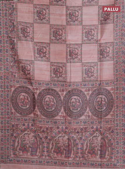 Semi tussar saree peach shade with allover mathubani prints & kantha stitch work
