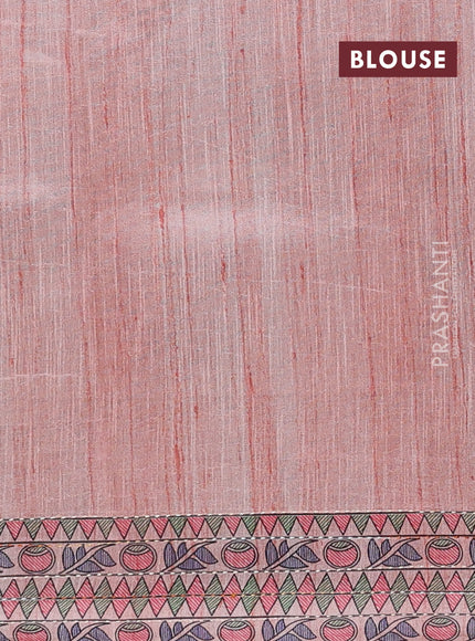 Semi tussar saree peach shade with allover mathubani prints & kantha stitch work