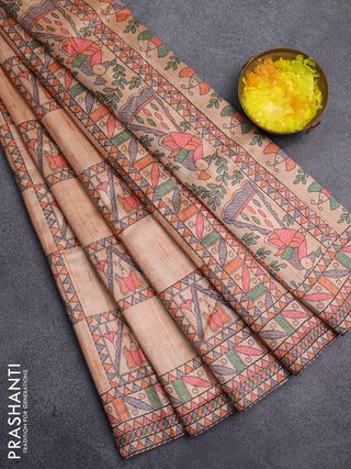 Semi tussar saree orange with allover mathubani prints & kantha stitch work