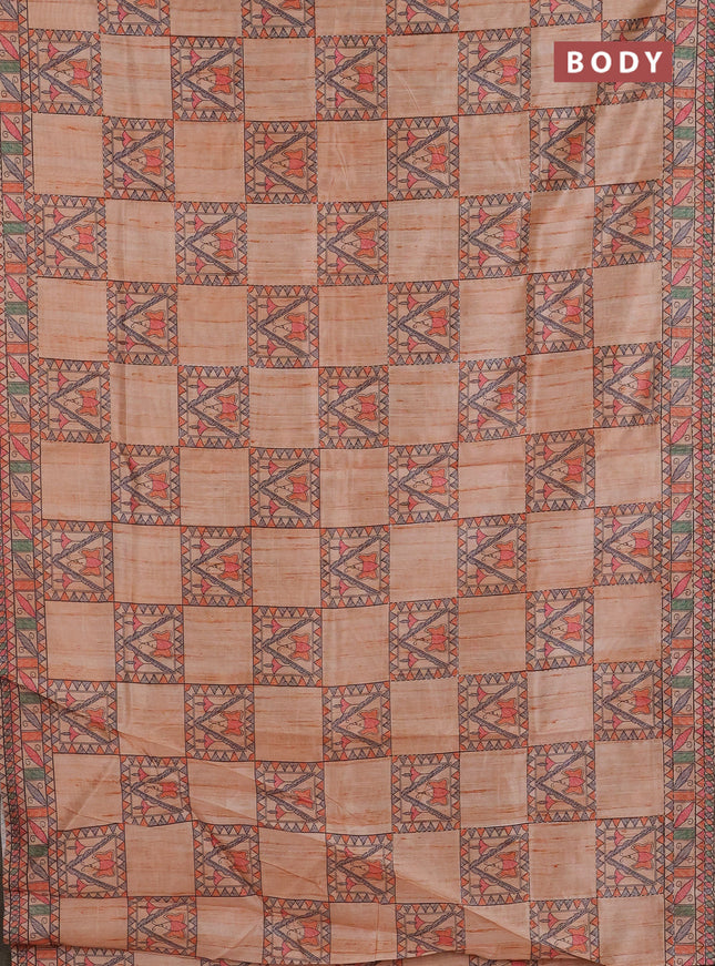 Semi tussar saree orange with allover mathubani prints & kantha stitch work