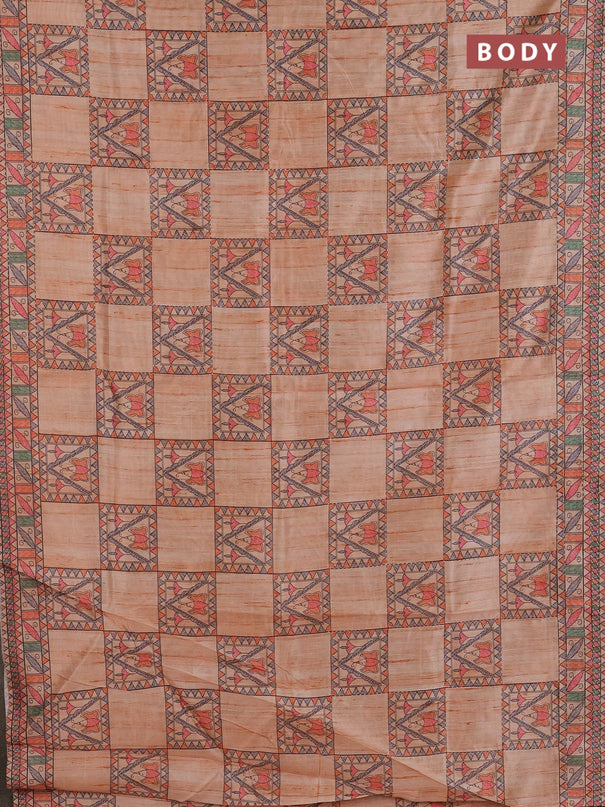 Semi tussar saree orange with allover mathubani prints & kantha stitch work