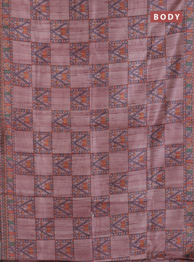Semi tussar saree pastel pink with allover mathubani prints & kantha stitch work