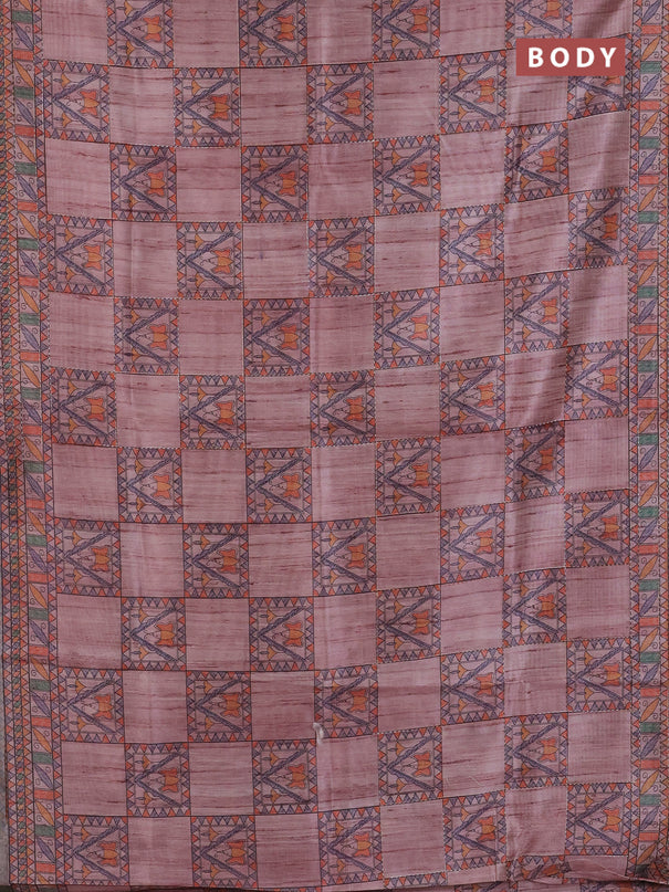 Semi tussar saree pastel pink with allover mathubani prints & kantha stitch work