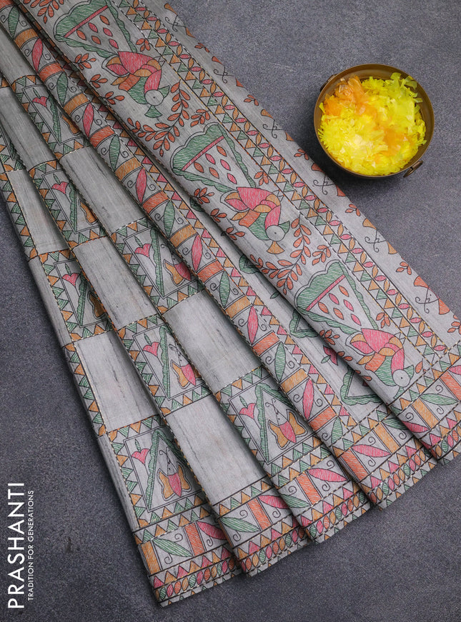 Semi tussar saree grey with allover mathubani prints & kantha stitch work