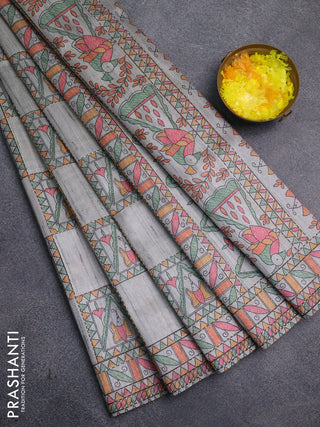 Semi tussar saree grey with allover mathubani prints & kantha stitch work