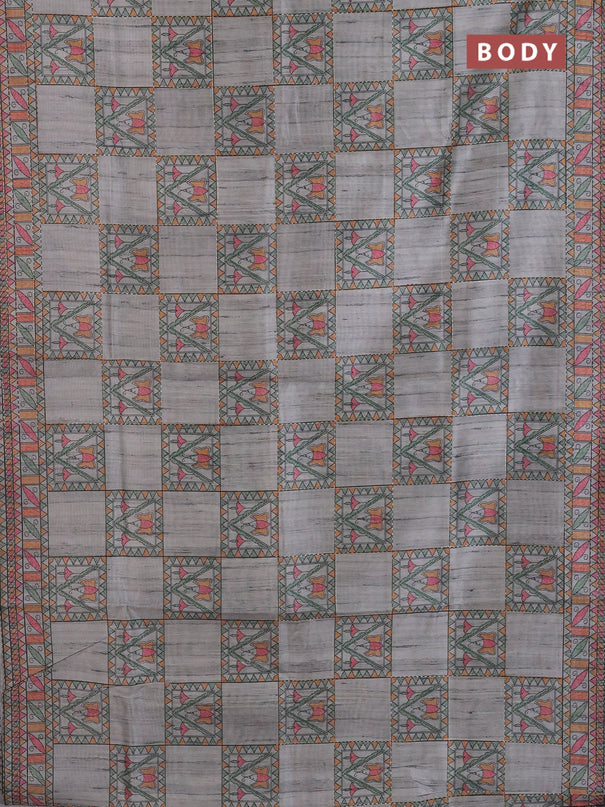 Semi tussar saree grey with allover mathubani prints & kantha stitch work