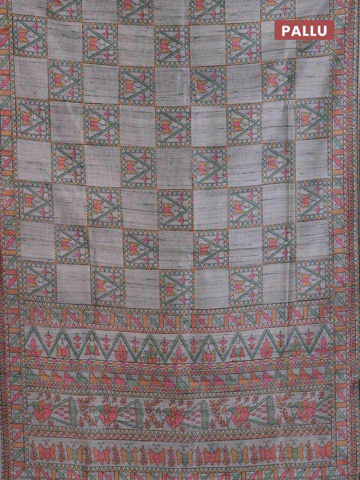 Semi tussar saree grey with allover mathubani prints & kantha stitch work