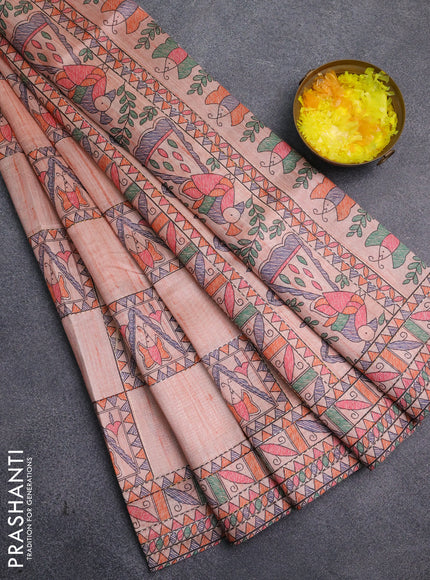 Semi tussar saree peach shade with allover mathubani prints & kantha stitch work