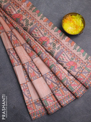 Semi tussar saree peach shade with allover mathubani prints & kantha stitch work