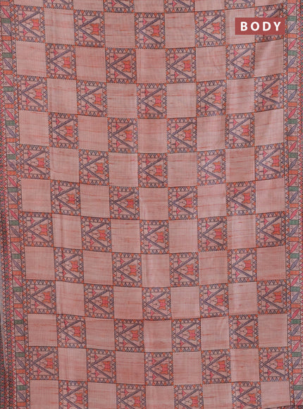 Semi tussar saree peach shade with allover mathubani prints & kantha stitch work