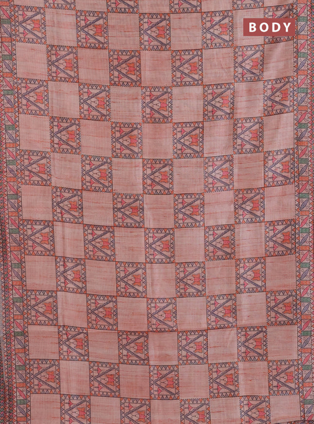 Semi tussar saree peach shade with allover mathubani prints & kantha stitch work