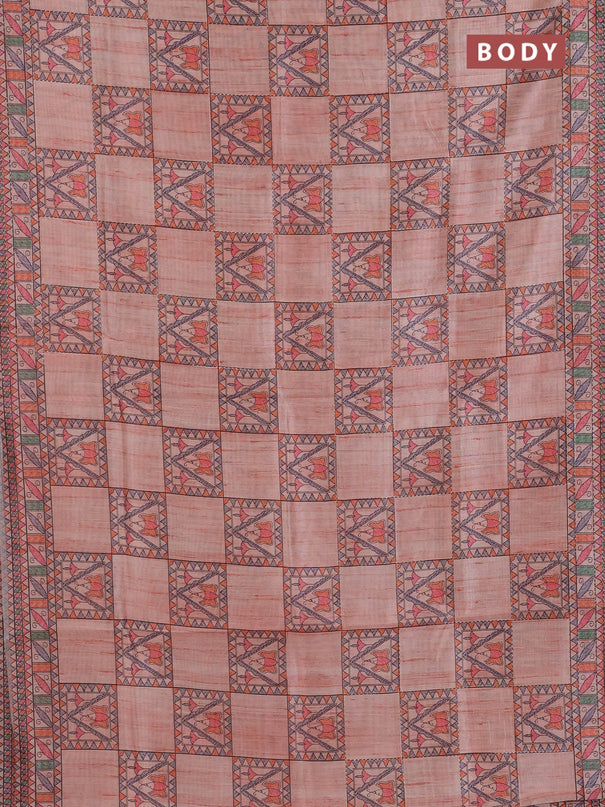 Semi tussar saree peach shade with allover mathubani prints & kantha stitch work