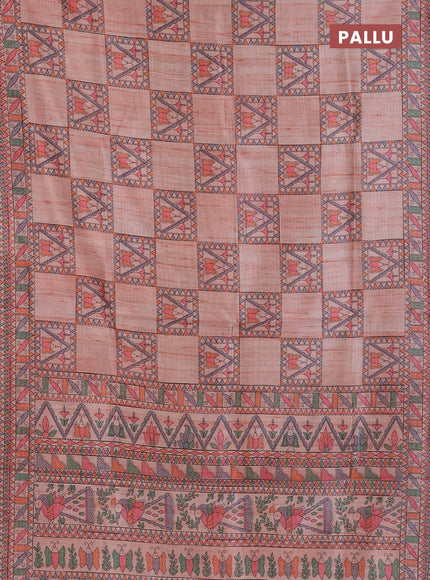 Semi tussar saree peach shade with allover mathubani prints & kantha stitch work