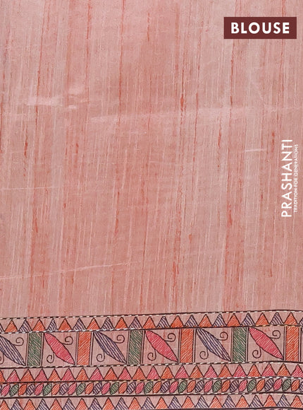 Semi tussar saree peach shade with allover mathubani prints & kantha stitch work