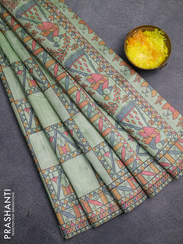 Semi tussar saree pista green with allover mathubani prints & kantha stitch work
