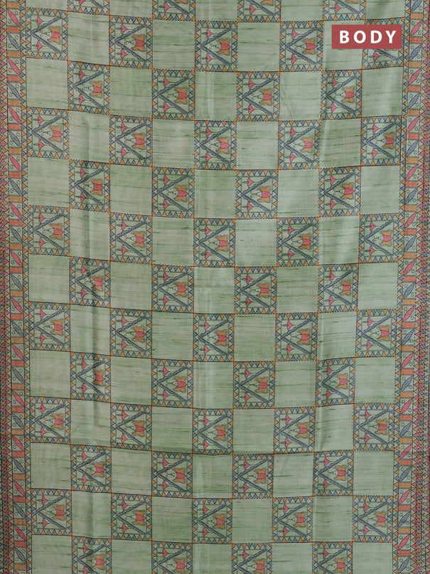 Semi tussar saree pista green with allover mathubani prints & kantha stitch work