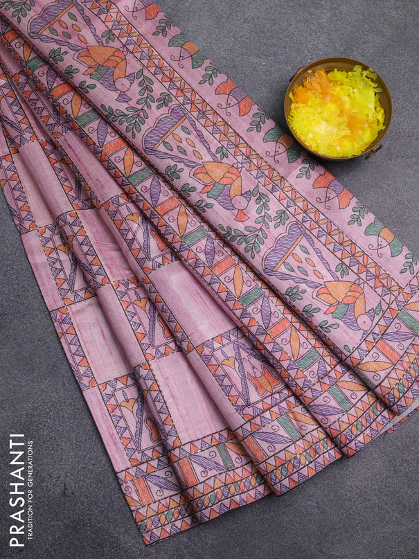 Semi tussar saree mauve pink with allover mathubani prints & kantha stitch work