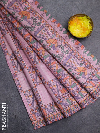Semi tussar saree mauve pink with allover mathubani prints & kantha stitch work