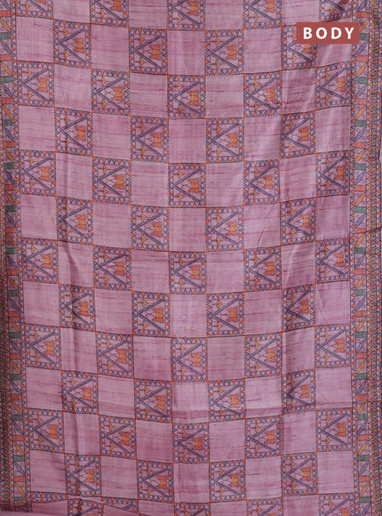 Semi tussar saree mauve pink with allover mathubani prints & kantha stitch work