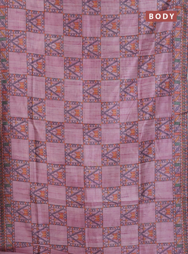 Semi tussar saree mauve pink with allover mathubani prints & kantha stitch work
