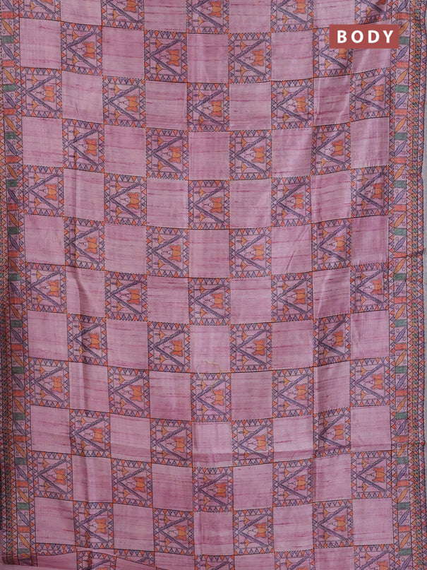 Semi tussar saree mauve pink with allover mathubani prints & kantha stitch work