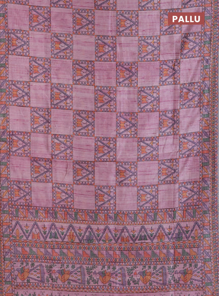 Semi tussar saree mauve pink with allover mathubani prints & kantha stitch work