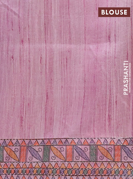 Semi tussar saree mauve pink with allover mathubani prints & kantha stitch work