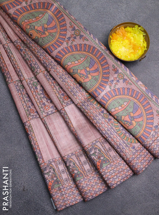 Semi tussar saree pastel pink with allover mathubani prints & kantha stitch work