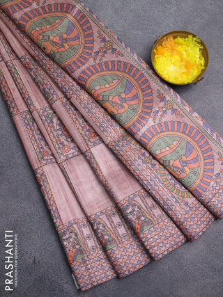 Semi tussar saree pastel pink with allover mathubani prints & kantha stitch work