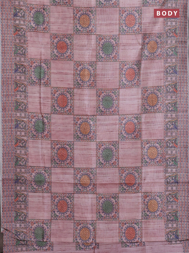 Semi tussar saree pastel pink with allover mathubani prints & kantha stitch work
