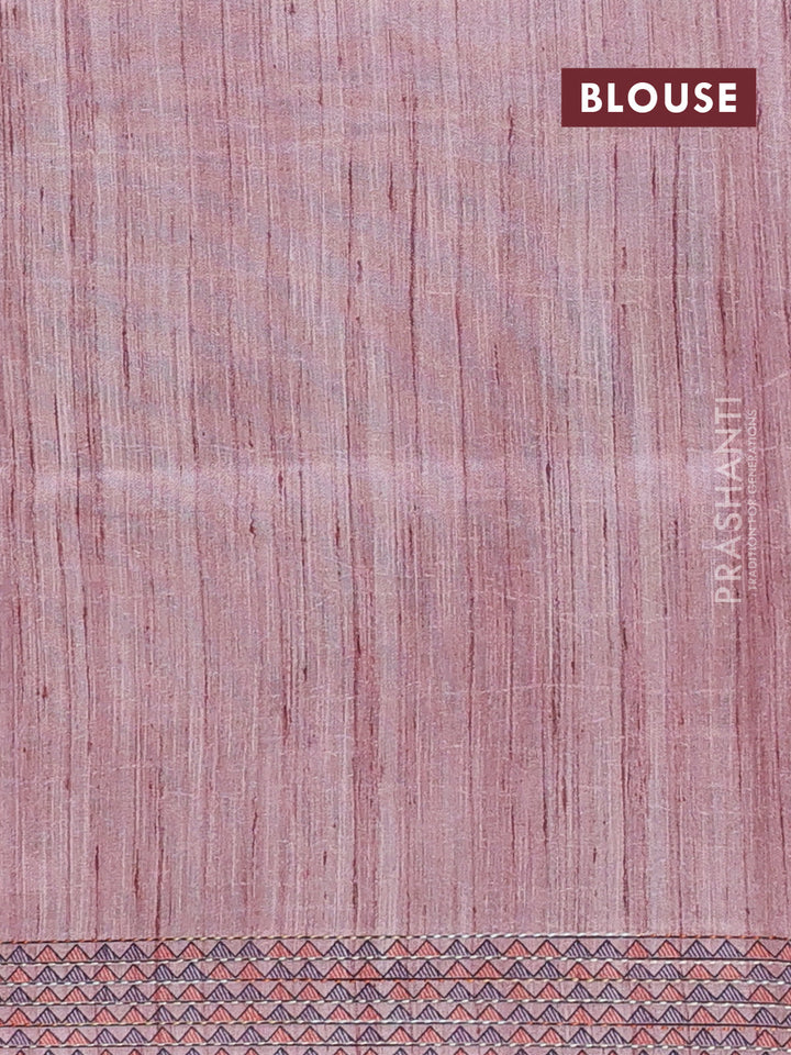 Semi tussar saree pastel pink with allover mathubani prints & kantha stitch work