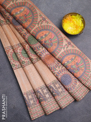 Semi tussar saree orange with allover mathubani prints & kantha stitch work
