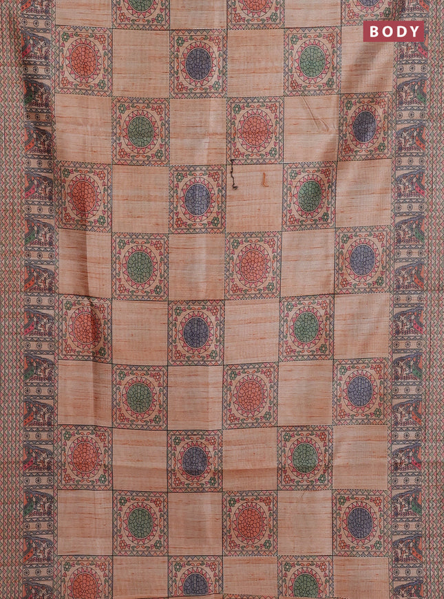 Semi tussar saree orange with allover mathubani prints & kantha stitch work