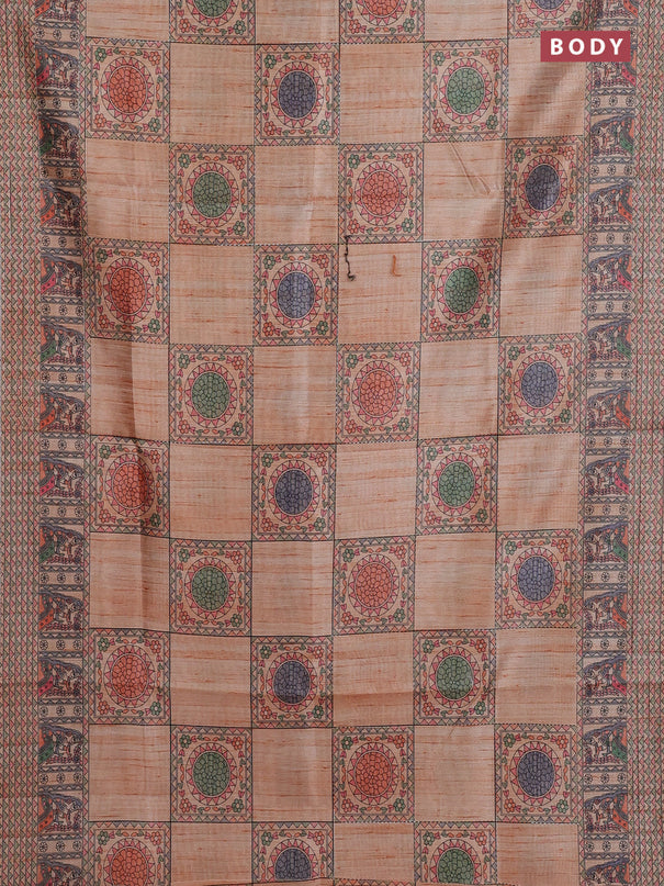 Semi tussar saree orange with allover mathubani prints & kantha stitch work
