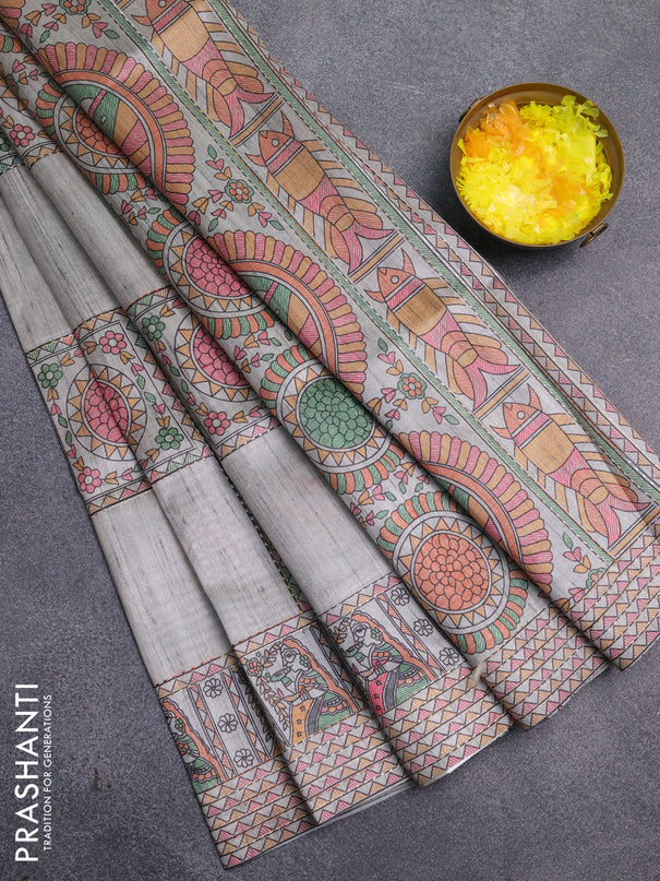 Semi tussar saree grey with allover mathubani prints & kantha stitch work