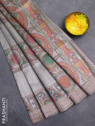 Semi tussar saree grey with allover mathubani prints & kantha stitch work