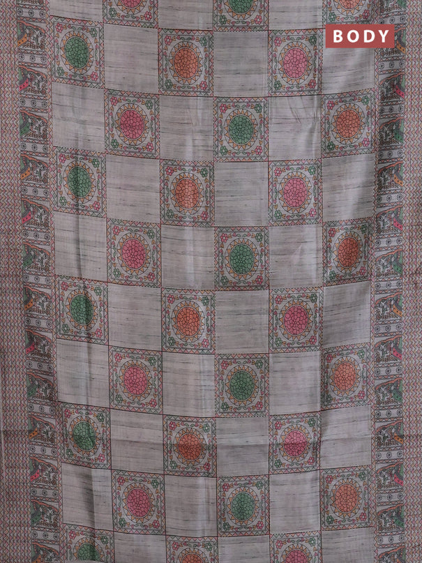 Semi tussar saree grey with allover mathubani prints & kantha stitch work