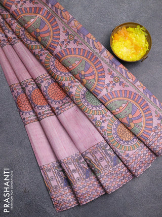 Semi tussar saree mauve pink with allover mathubani prints & kantha stitch work