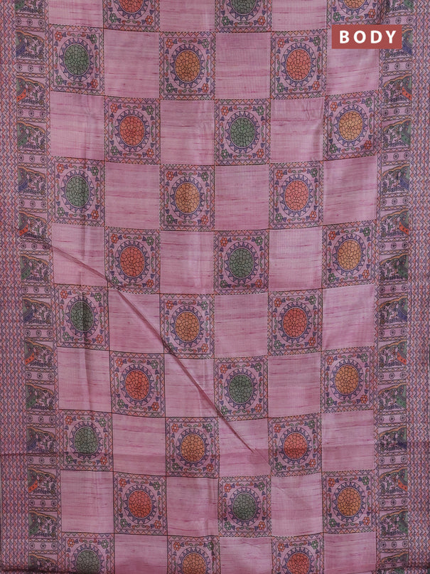 Semi tussar saree mauve pink with allover mathubani prints & kantha stitch work